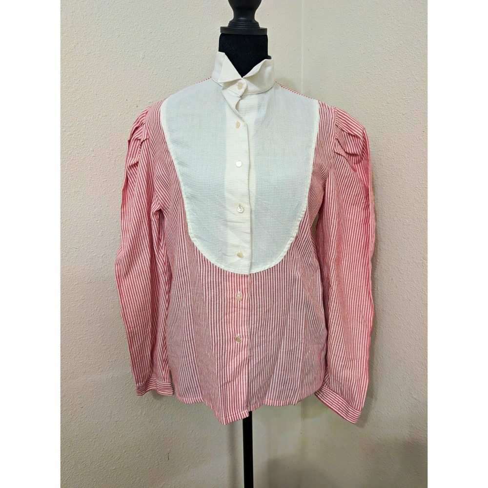 Vintage Balfour Shirtmakers Women's 12 Red Stripe Tuxedo Bib Puff Sleeve Blouse